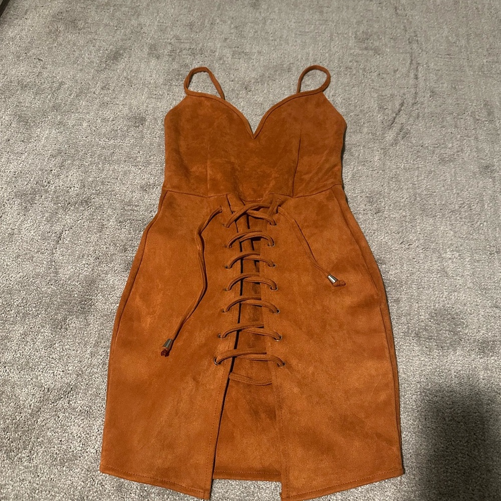 Source Unknown Lace-Up Tan Mini Dress